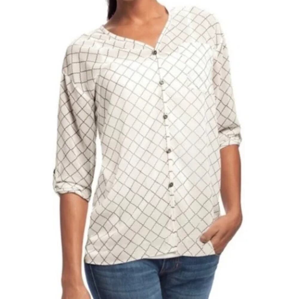 CAbi Size S Chessboard Blouse Black White Sheer Button Up Roll Tab Sleeve Office